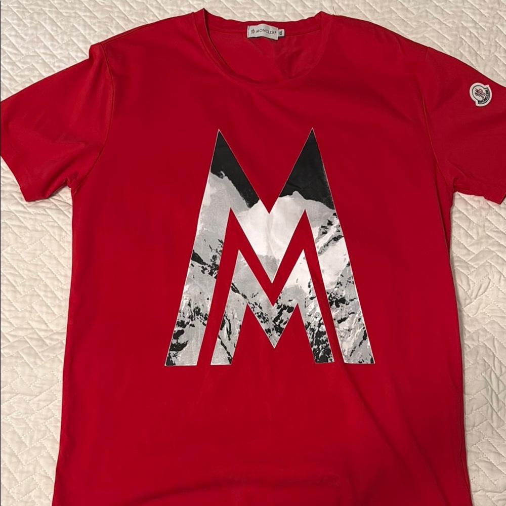 Moncler Red Short Sleeve Tee Vibrant Graphic Design fits like a L